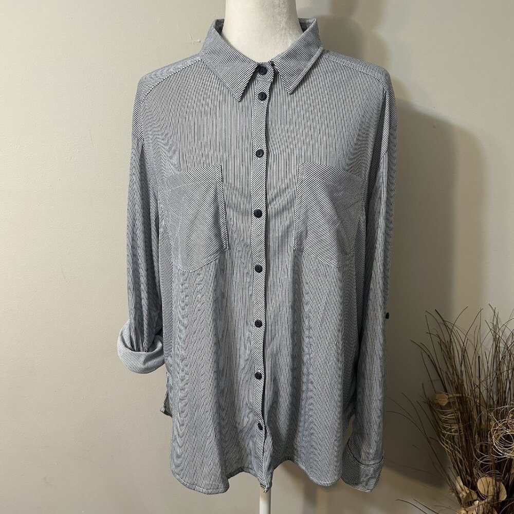 NWT Passport Women Blue & White Striped Roll Tab Button Up Sleeve Top Shirt 2X